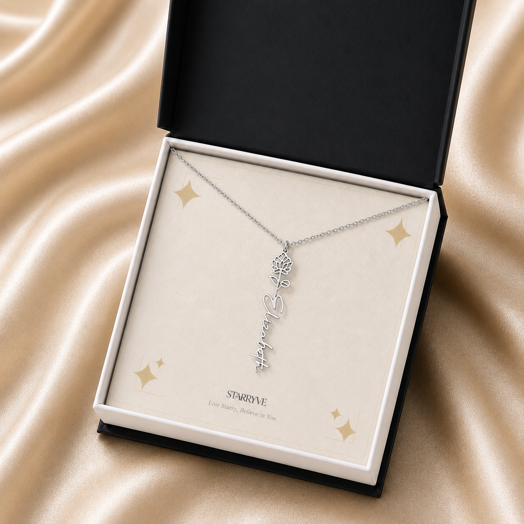 Silver flower name necklace in a black standard gift box