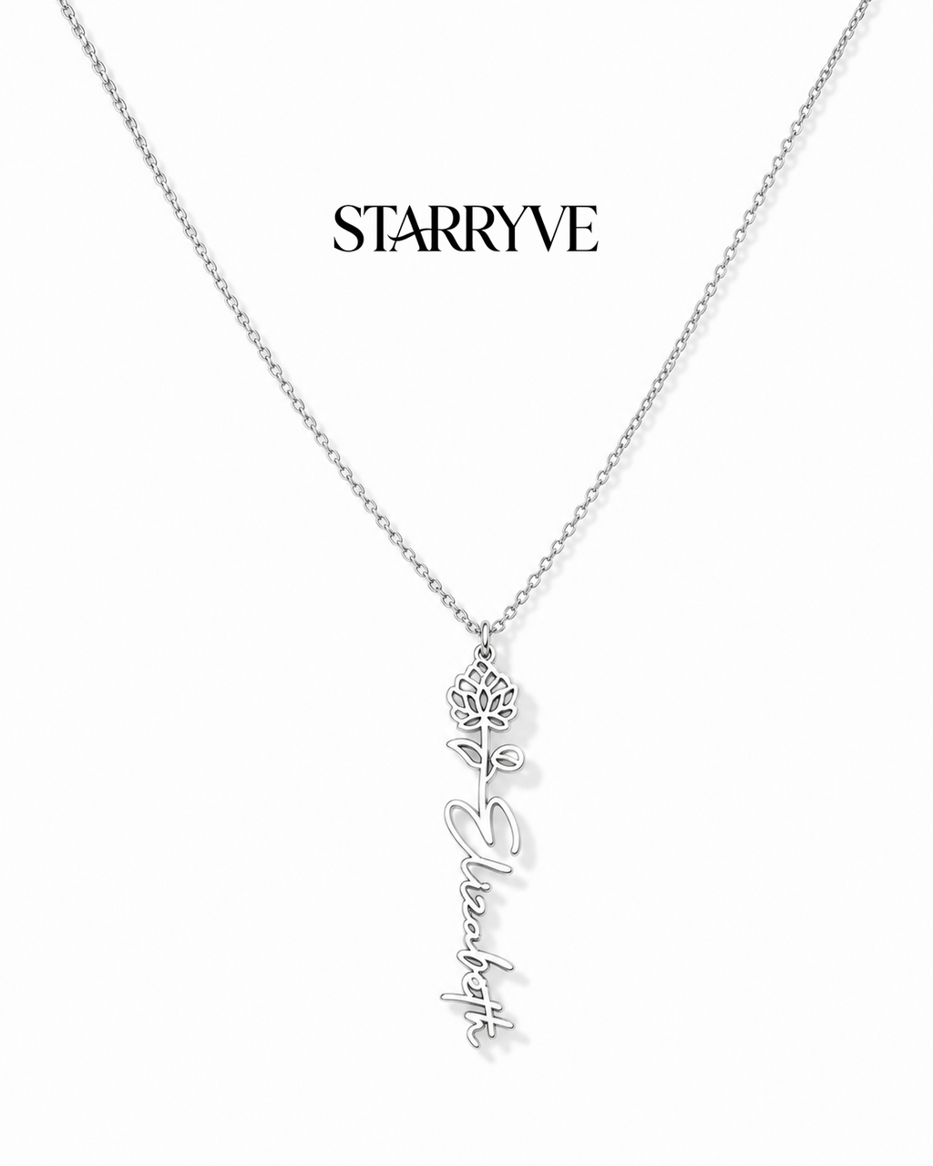 Stainless steel flower name necklace with a birth flower charm and cursive name pendant