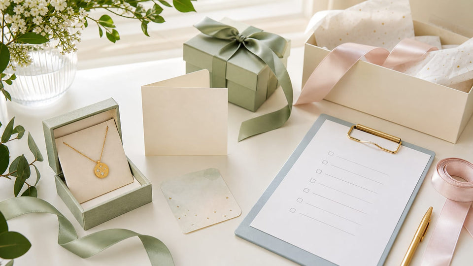 Gift packaging and jewelry details prepared for an order.