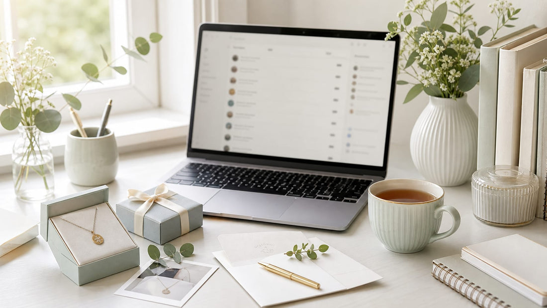 Support desk with a gift box, laptop, note card, and product detail photo